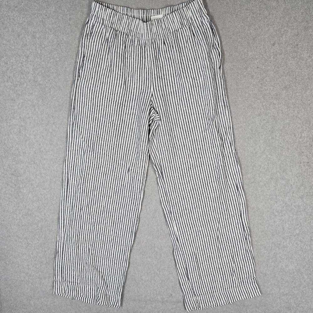 Old Navy Women Pants M TALL White Striped Wide Leg Linen Blend High Rise 28"